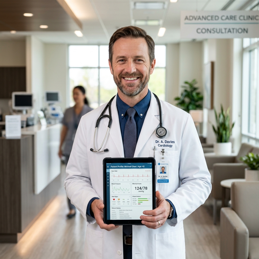 Professional Doctor using Tablet in modern clinic setting